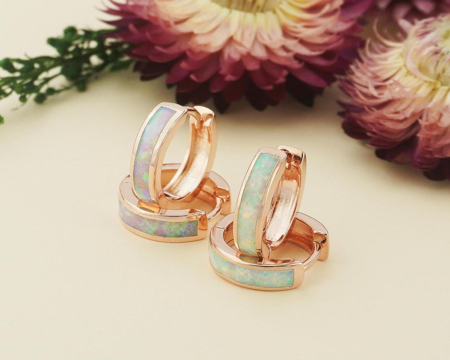 Pair of Elegant Opal Inlay Huggie Hoop Earrings in Rose Gold Plated Over Brass, Pink or White Stone