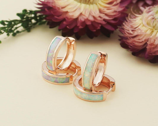 Pair of Elegant Opal Inlay Huggie Hoop Earrings in Rose Gold Plated Over Brass, Pink or White Stone