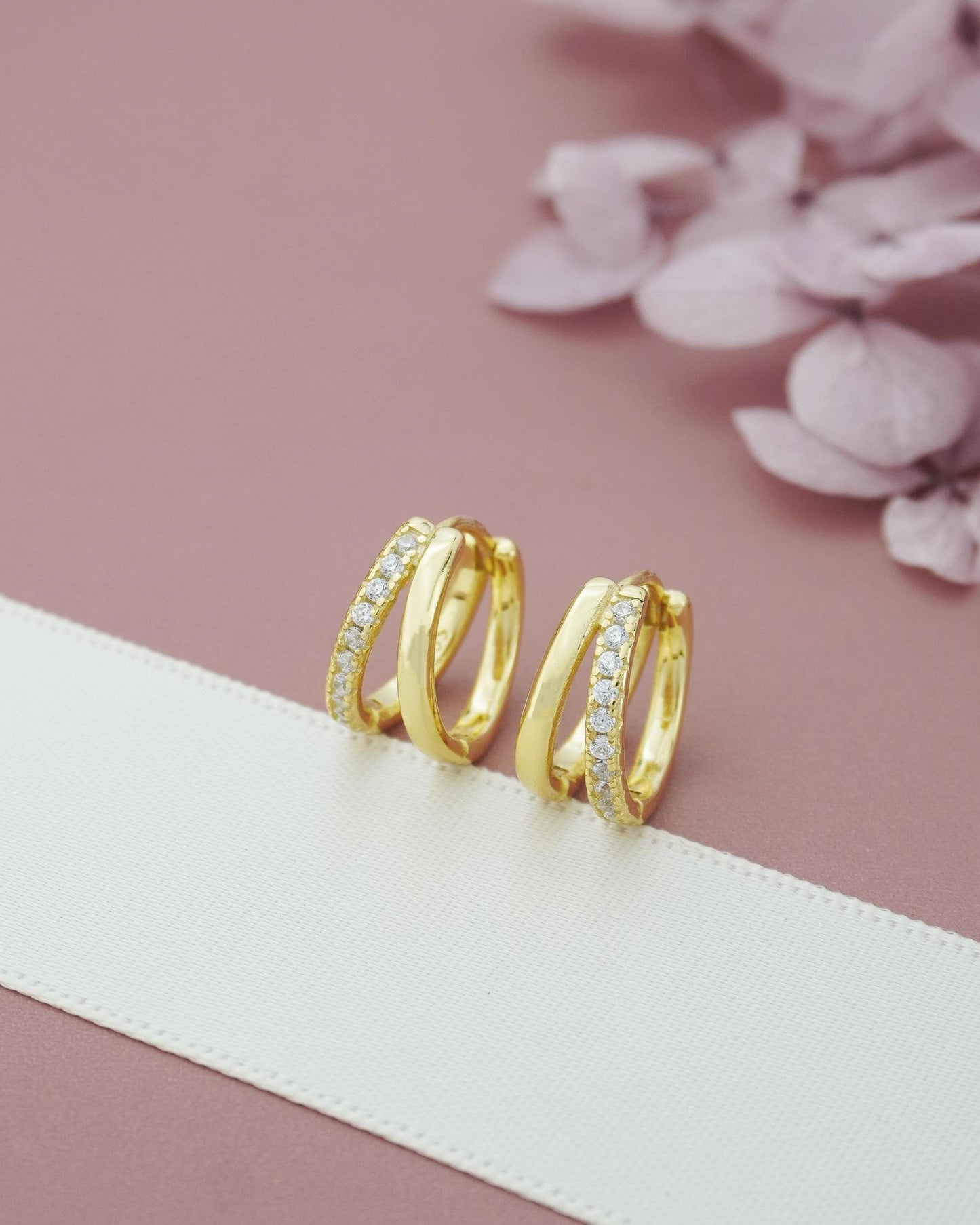 Pair of Duo Asymmetric Ring Huggie Hoop Earrings in S925 Sterling Silver or 18ct Plated Gold