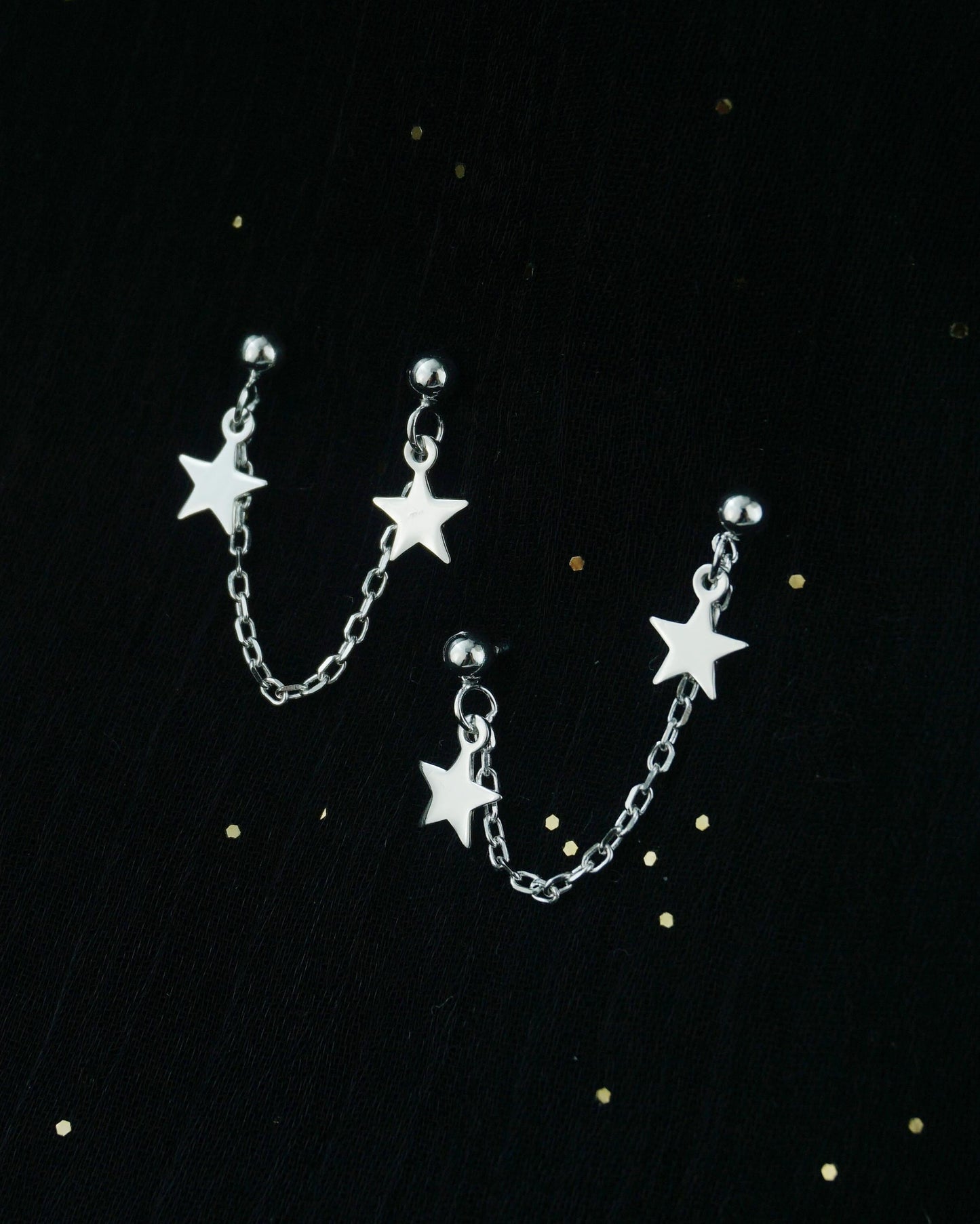 Pair of Double Stellar Stud Earrings in Sterling Silver, Dangly Celestial Twin Stars on Chain