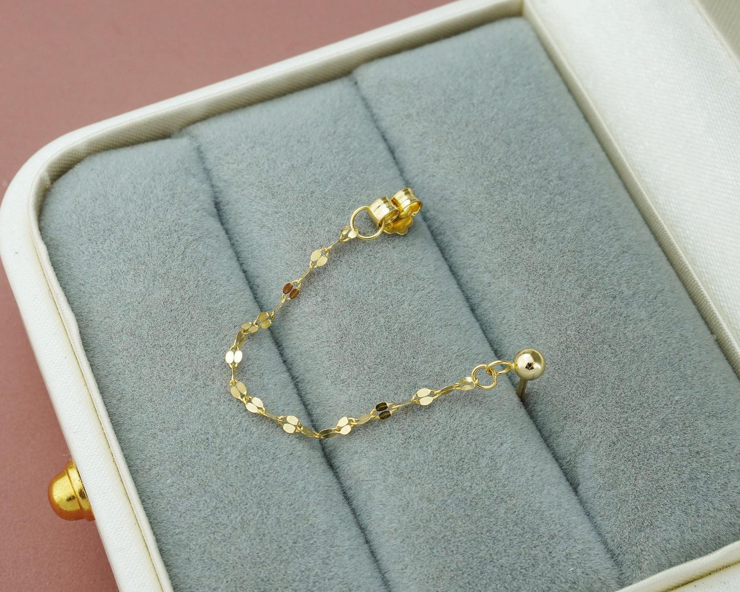 Pair of Flat Sequin Lace Chain Stud Earrings in 18ct Gold Plated over Sterling Silver, Front & Back Minimal Lip Chain Ear Jacket