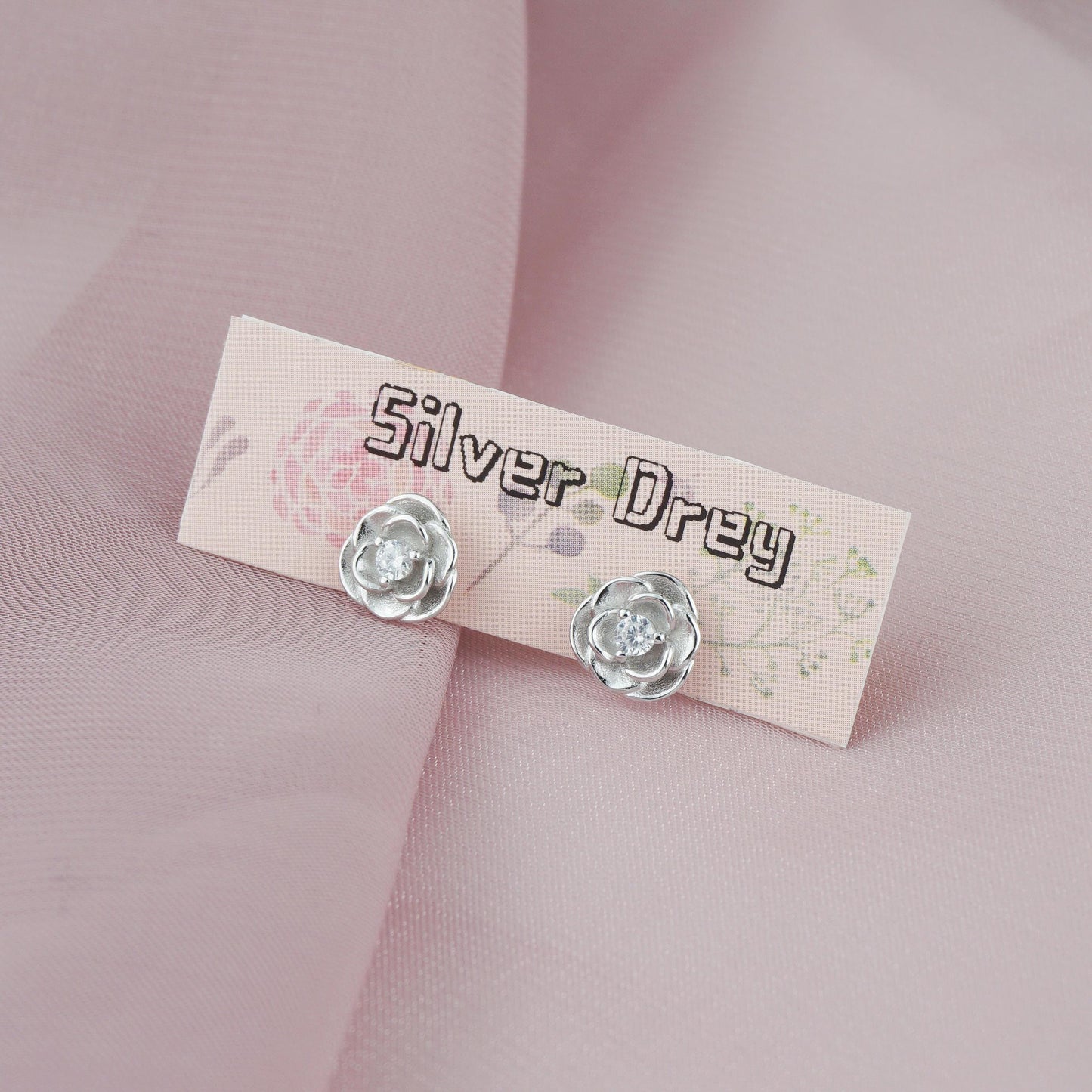 Pair of Camellia Flower Stud Earrings in Sterling Silver with CZ Crystal