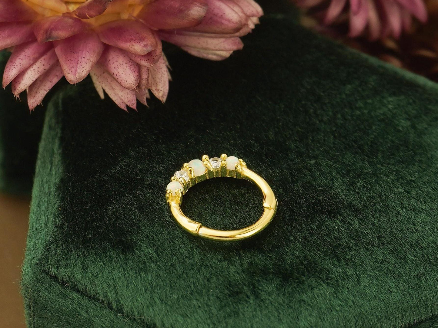 1 pc of 18G Hinged Opal & CZ Stone Daith Earring Hoop in 18ct Gold Plated over Sterling Silver, Helix Cartilage Clicker