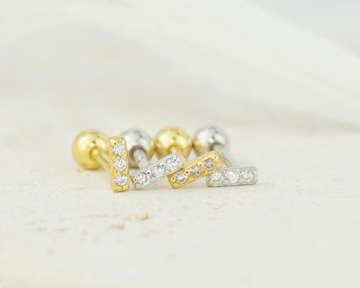 Pair of VERY TINY Paved Bar Sterling Silver Stud Earrings in Silver or Plated Gold, Sparkly CZ Stones, Simple Screw Ball Back