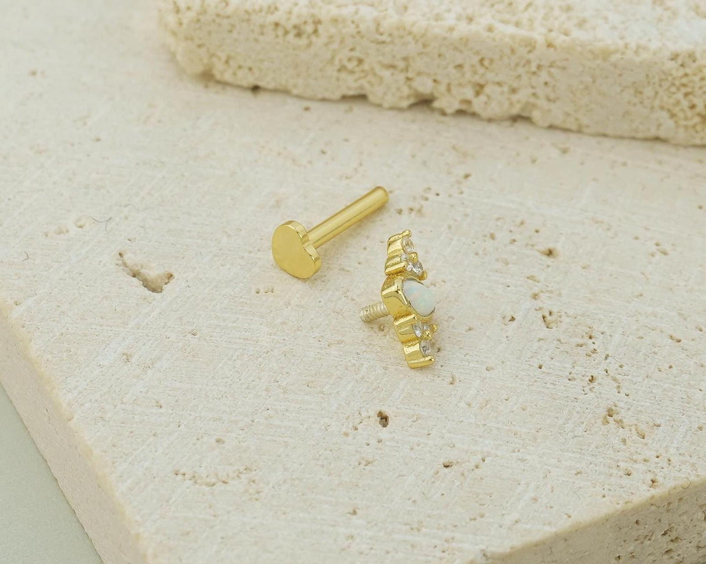 1 pc of Marquise Opal Stud Earring with Sparkly CZ Gem in 18ct Gold Plated over Sterling Silver, Lobe Tragus Cartilage Piercing Jewelry