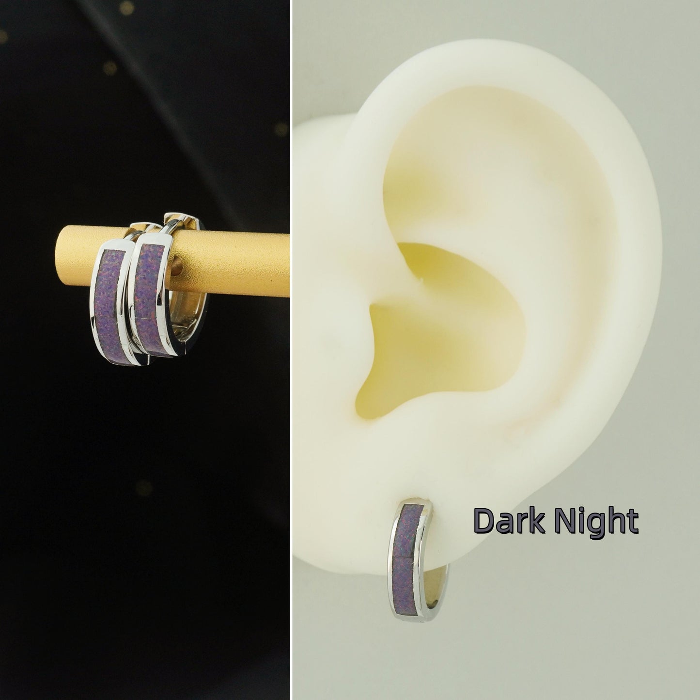 Pair of Elegant Opal Inlay Huggie Hoop Earrings in Rhodium Plated Brass, Purple, Blue, Green or White Stone