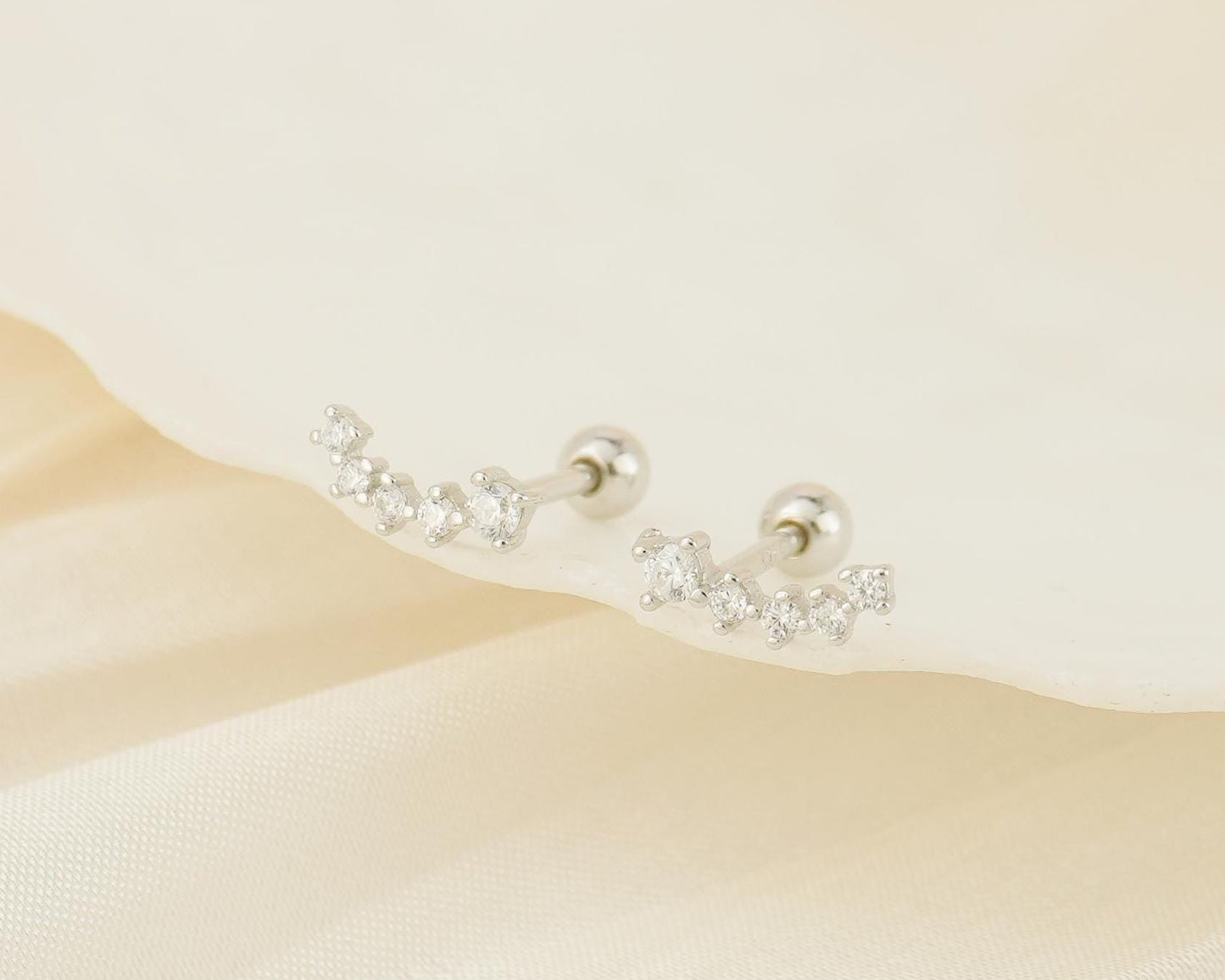 Pair of Sterling Silver 5 CZ Stud Earrings in Rhodium or 18ct Gold Plated, Sparkly Star Climber with Screw Back