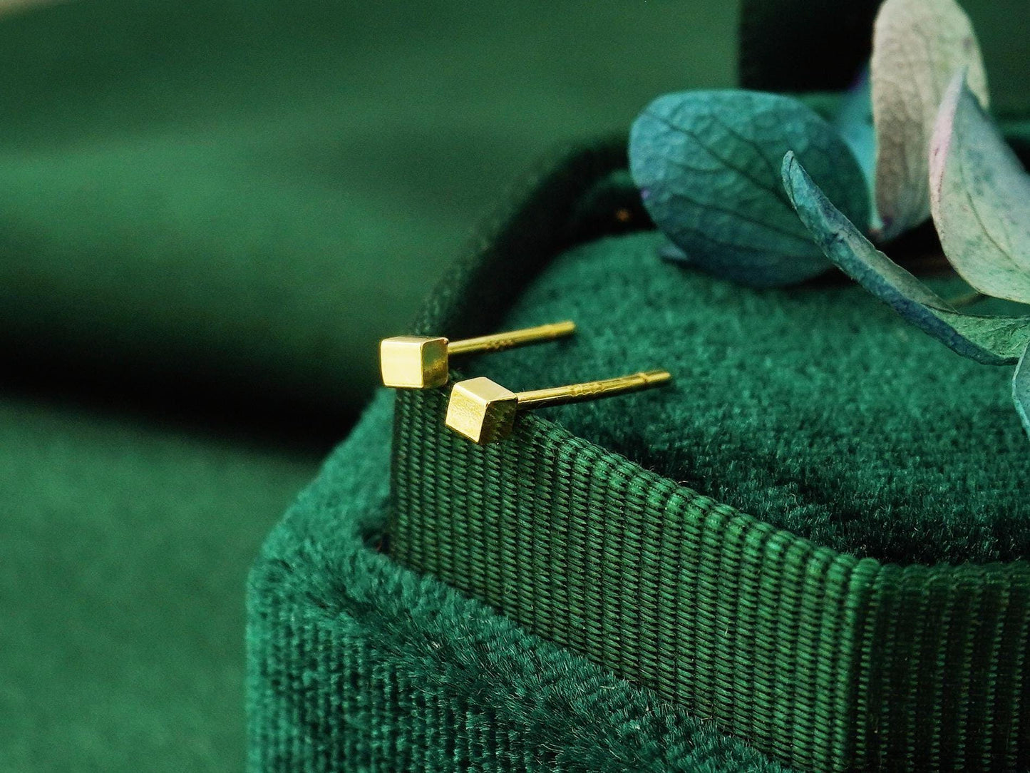 Pair of Tiny 2mm Square Cube Stud Earrings in Sterling Silver or 14ct Gold Plated