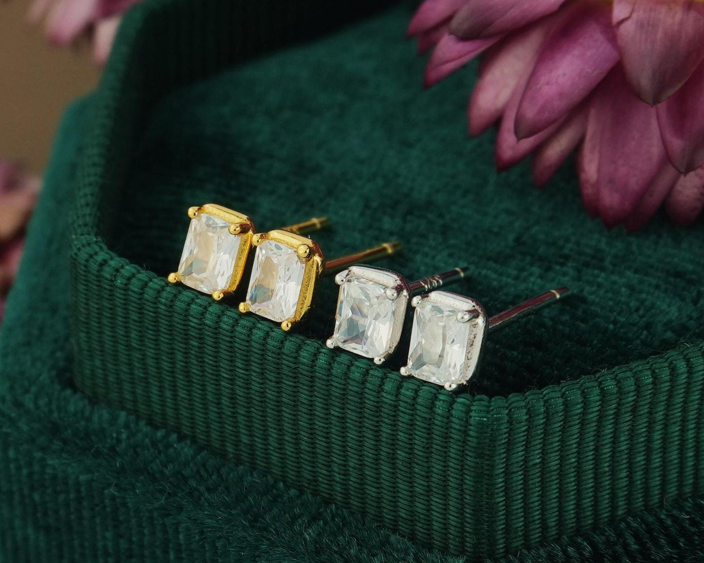 Pair of Emerald-Cut CZ Stud Earrings in Sterling Silver or Gold Plated, Sparkly Rectangle Crystal Stone