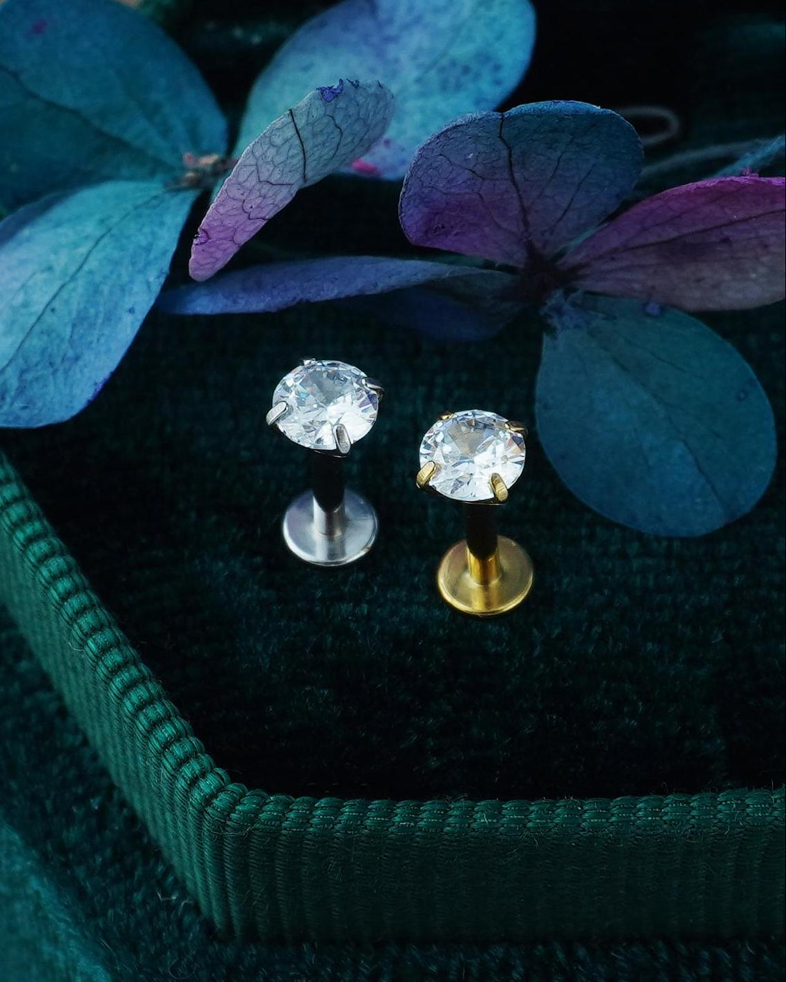 1 pc of Tiny Stainless Steel Push Pin CZ Crystal Stud Earring in Steel or Golden Finish, 5 Sizes Brilliant Round Gem