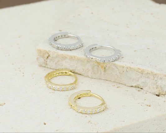 Pair of Skinny CZ Paved Huggie Hoop Earrings, Gold or Rhodium Plated over Sterling Silver, Front & back Design, available in 4 Sizes