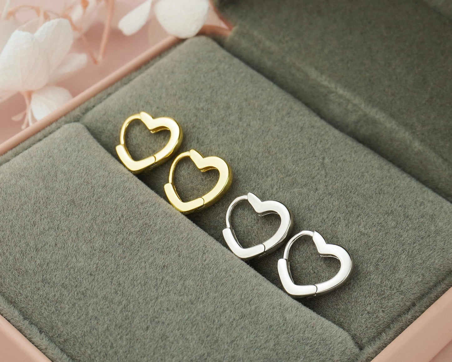 Pair of Minimal Love Heart Huggie Hoop Earrings in Sterling Silver / 18ct Plated Gold