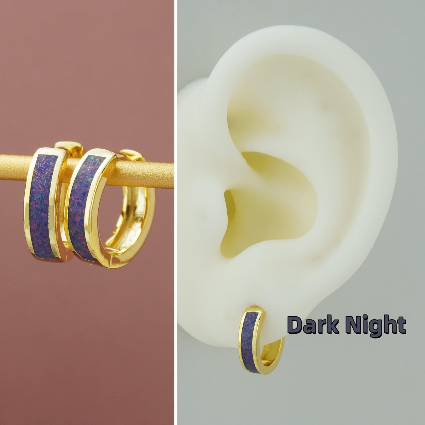 Pair of Elegant Opal Inlay Huggie Hoop Earrings in Gold Plated Brass, Purple, Blue, Green or White Stone