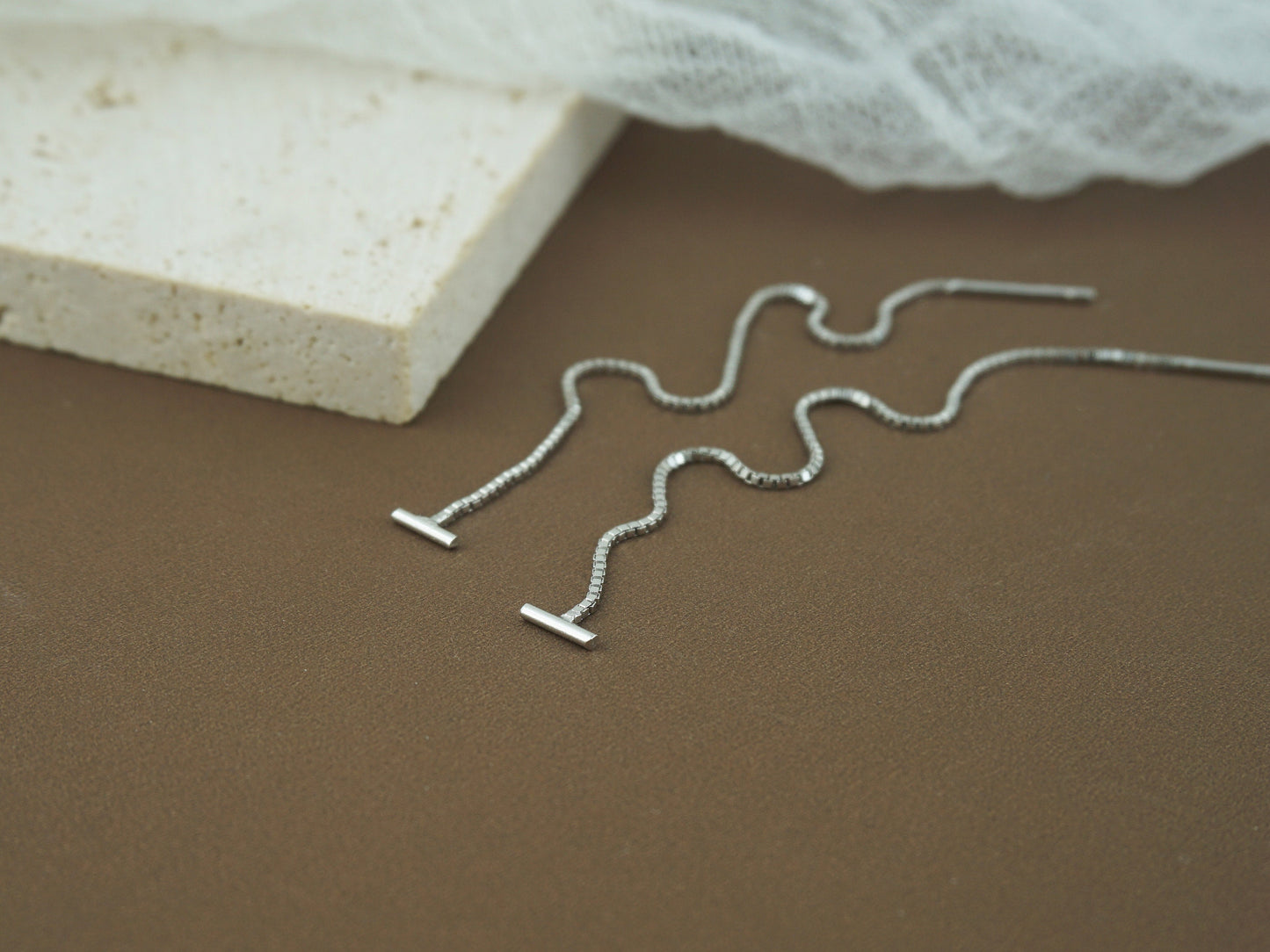 Pair of 5mm Short Bar Head Dangle Threader Earrings in Sterling Silver or Plated Gold, Dainty Dangly Chain, Minimal Delicate Ear Wire