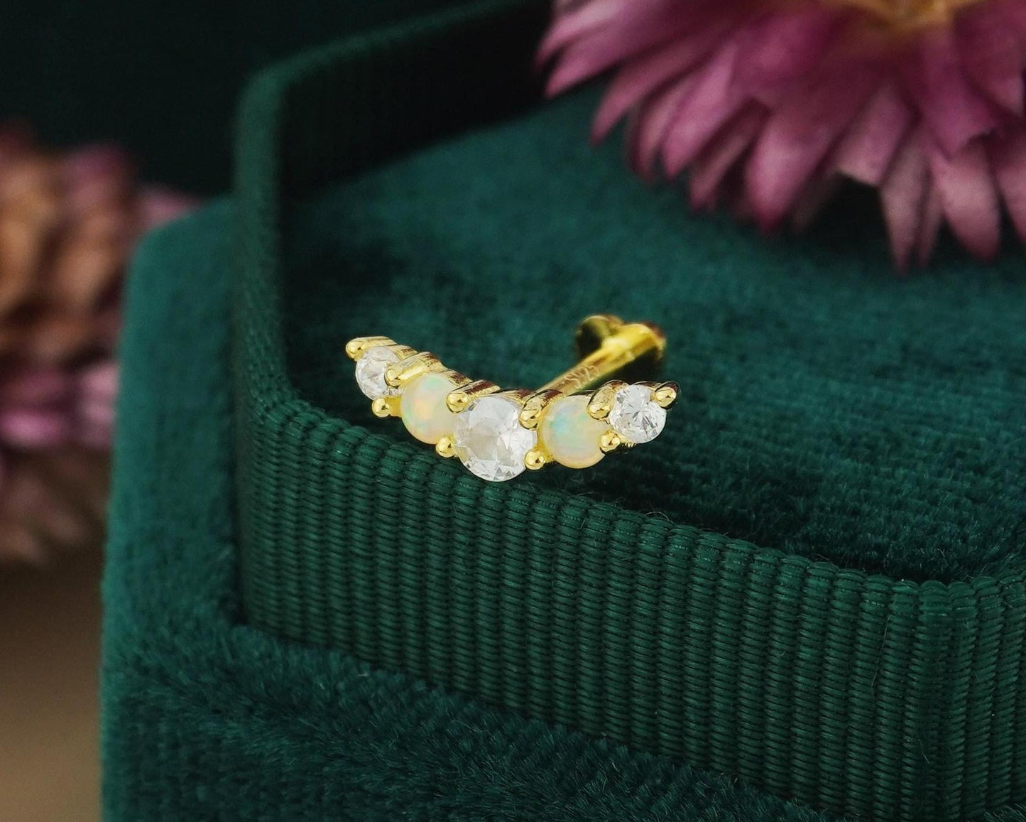 1 pc of Fire Opal & CZ Stud Earring in 18ct Gold Plated over Sterling Silver, Cartilage & Lobe Piercing Jewelry