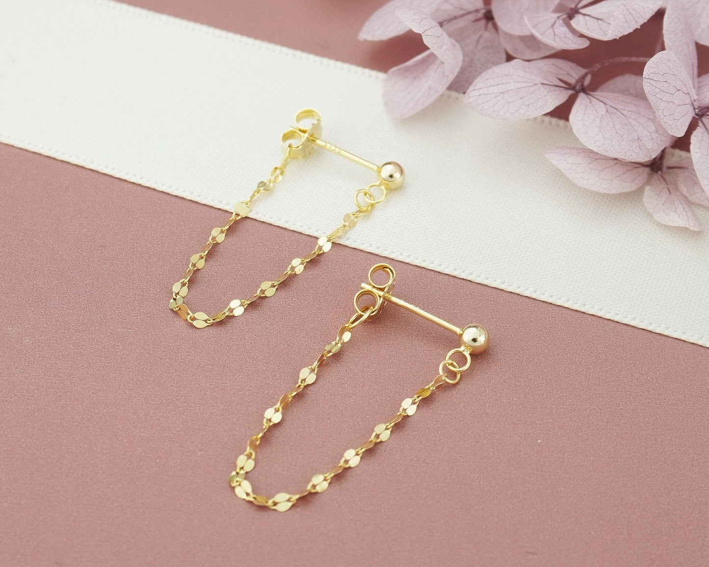 Pair of Flat Sequin Lace Chain Stud Earrings in 18ct Gold Plated over Sterling Silver, Front & Back Minimal Lip Chain Ear Jacket