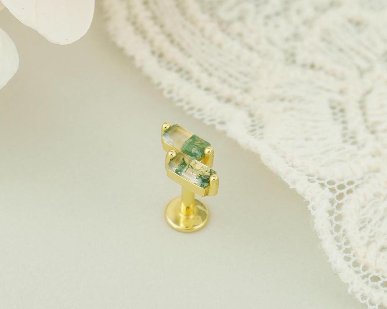 1 pc of Natural Green Moss Agate Double Baguette Stud Earring in Gold Plated over Sterling Silver, Cartilage Helix Lobe Piercing