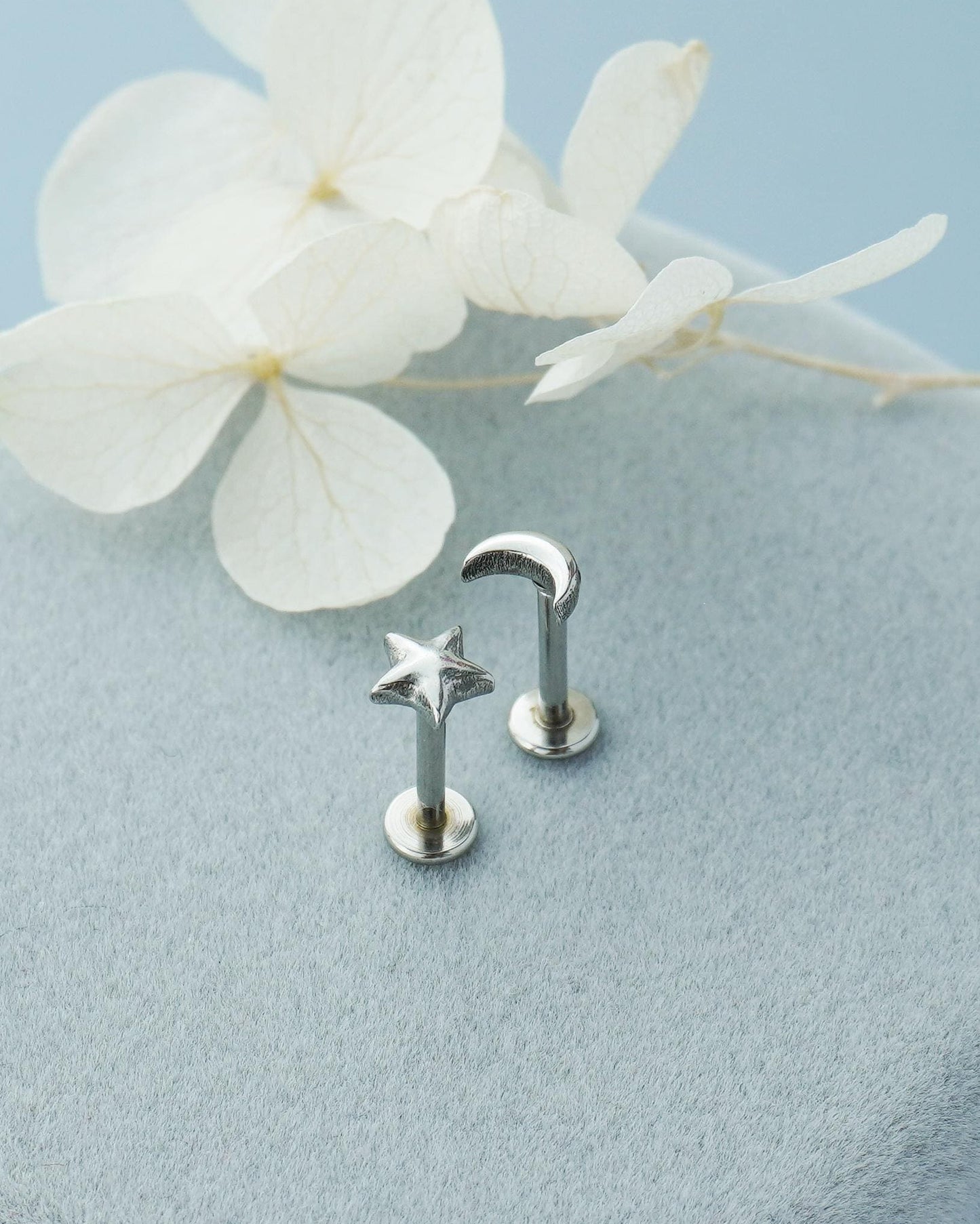 Pair of Mismatched Stainless Steel Star & Crescent Moon Stud Earrings in Steel or Golden, Flat Screw Back, 16G 6mm or 8mm post