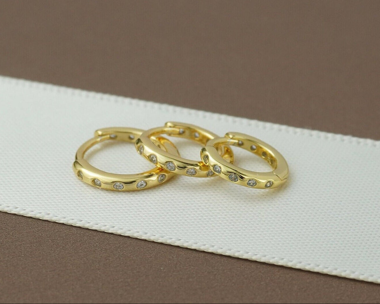 Pair of Sterling Silver Skinny Huggie Hoop Earrings with Smooth Round Edge, 3 Size, Gold or Rhodium Plated, Front & Back CZ