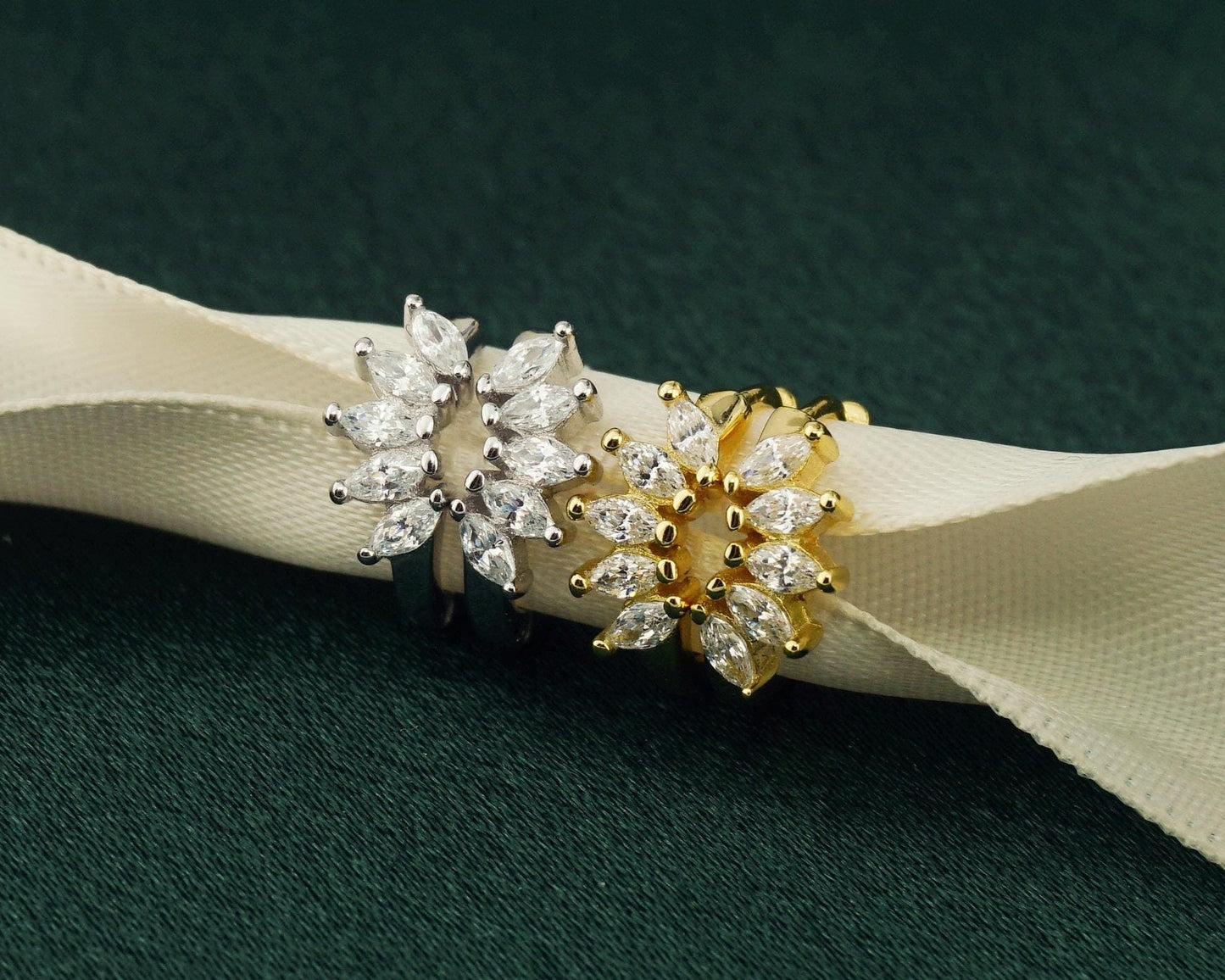 Pair of Marquise CZ Huggie Hoop Earrings in S925 Sterling Silver or Plated Gold, Five Leaf Cluster Crown