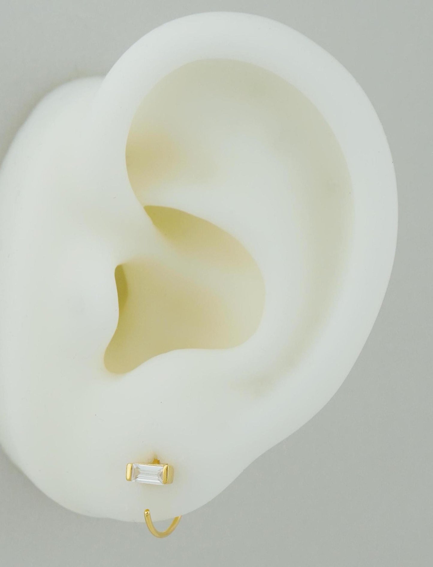 Pair of Tiny Baguette CZ Stone Sterling Silver Threader Earrings in Rhodium or 18ct Gold Plated, C Shape Open Hoop