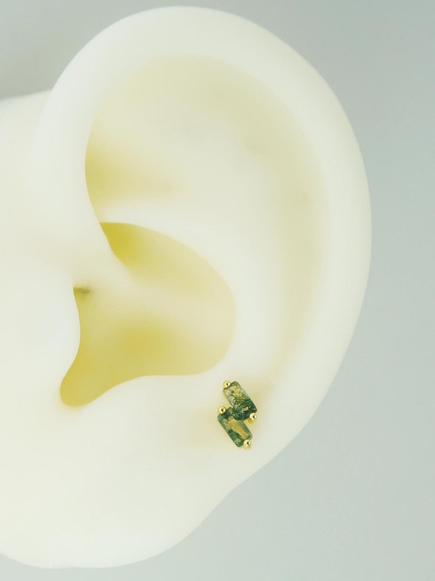 1 pc of Natural Green Moss Agate Double Baguette Stud Earring in Gold Plated over Sterling Silver, Cartilage Helix Lobe Piercing