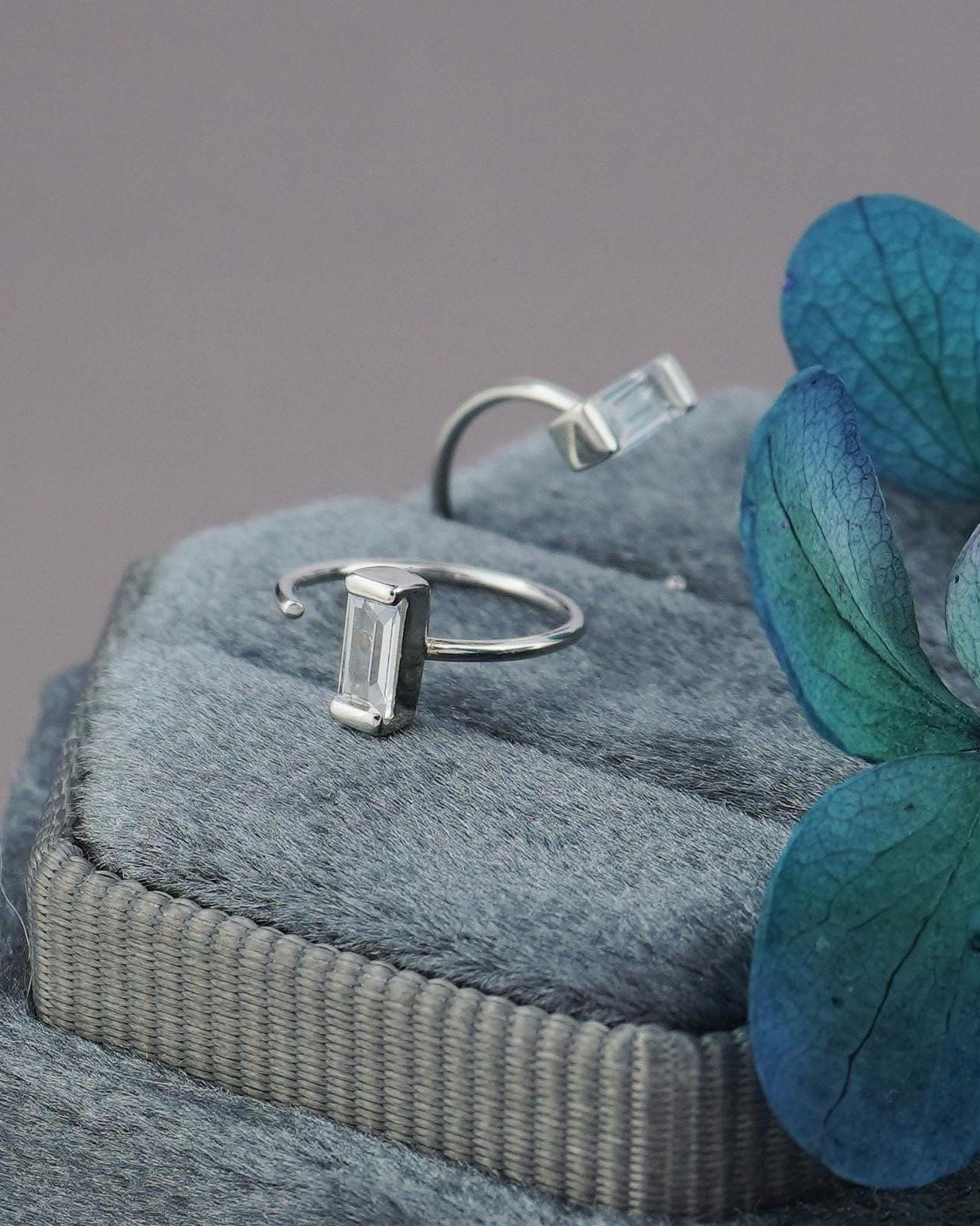 Pair of Tiny Baguette CZ Stone Sterling Silver Threader Earrings in Rhodium or 18ct Gold Plated, C Shape Open Hoop