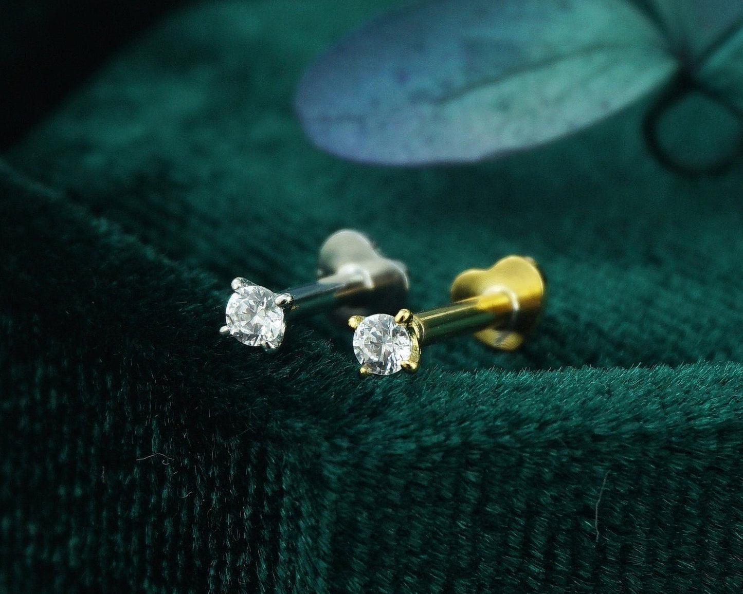 1 pc of Tiny 2mm CZ Crystal Dot Stud Earring with Heart Shape Flat Back in Sterling Silver or Plated Gold