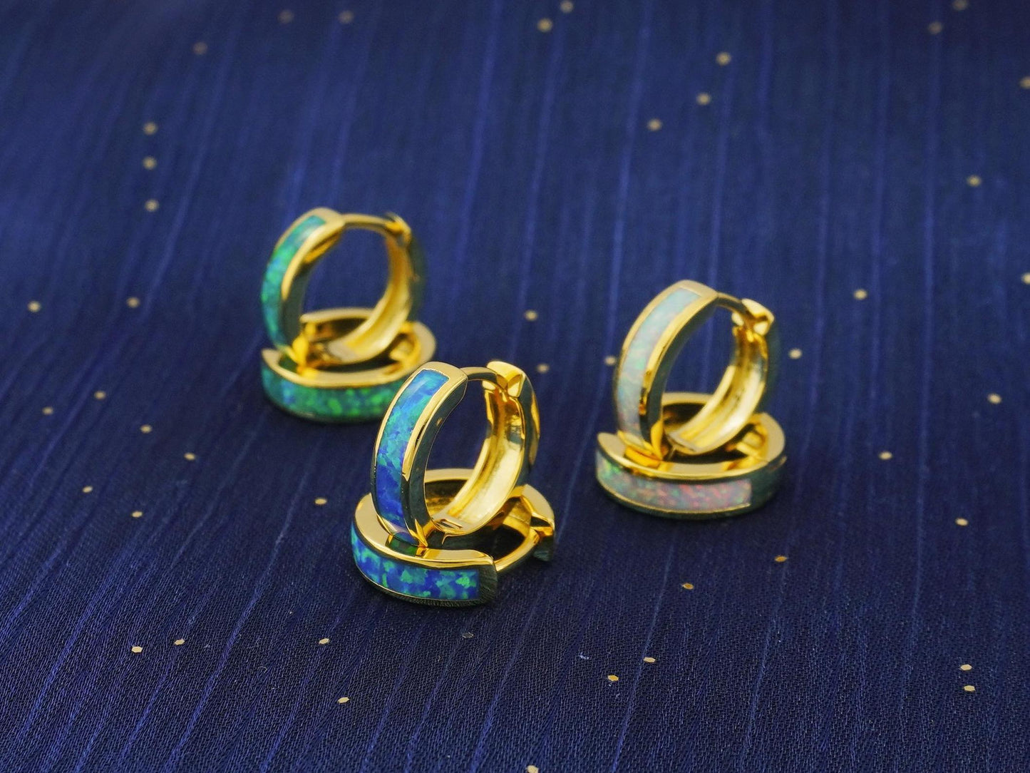 Pair of Elegant Opal Inlay Huggie Hoop Earrings in Gold Plated Brass, Purple, Blue, Green or White Stone
