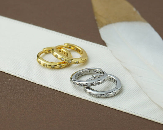 Pair of Sterling Silver Skinny Huggie Hoop Earrings with Smooth Round Edge, 3 Size, Gold or Rhodium Plated, Front & Back CZ