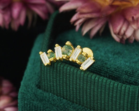 1 pc of Natural Green Moss Agate Crown Shape Flat Back Stud Earring in Gold Plated over Sterling Silver