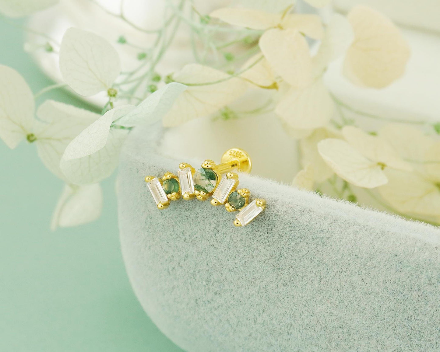 1 pc of Natural Green Moss Agate Crown Shape Flat Back Stud Earring in Gold Plated over Sterling Silver