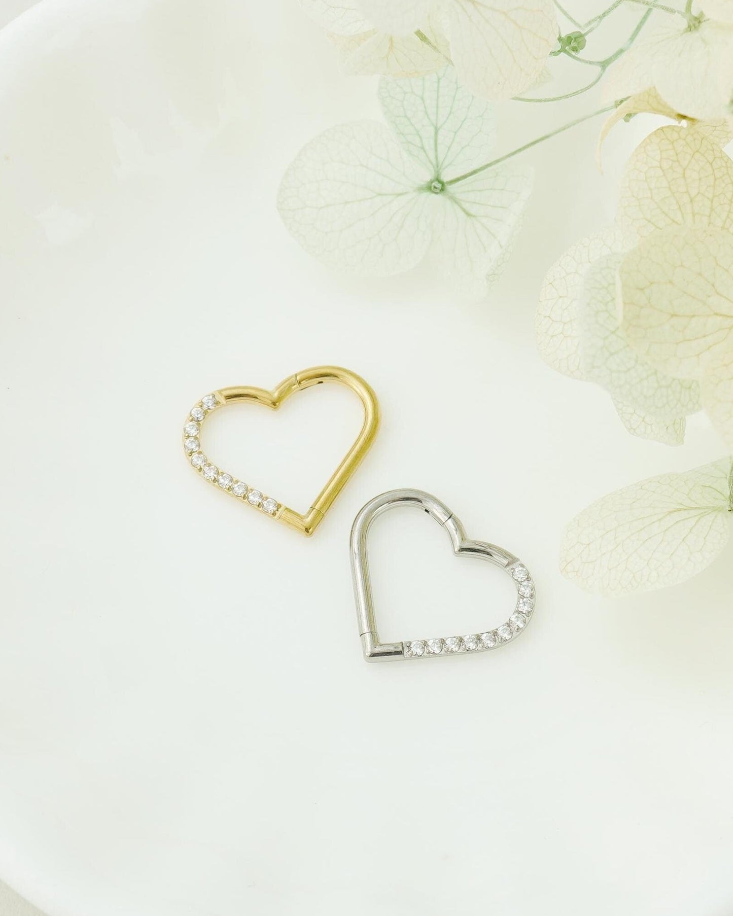 1 pc of 16G Implant Grade Titanium Hinged CZ Heart Daith Earring Hoop, Helix Clicker, Septum Nose Piercing, 1.2*8/10mm