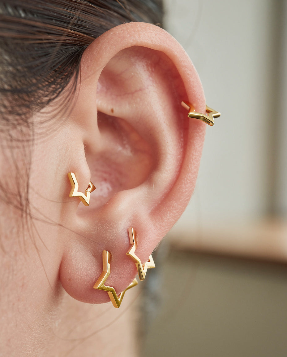 Pair of Brass Star Huggie Hoop Earrings in Silver or Gold Finish, 4 Loop Sizes Available