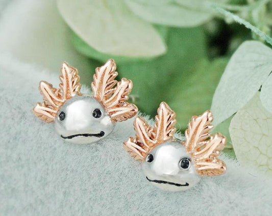 Pair of Tiny Axolotl Stud Earrings in Sterling Silver with Rose Gold Plated External Gill Stalk