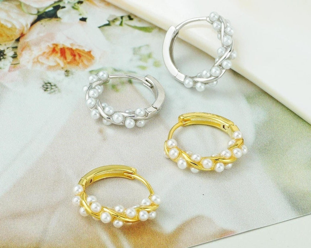 Pair of Elegant Pearl Hoop Earrings in Sterling Silver or Plated Gold | Paved Twisted Loop