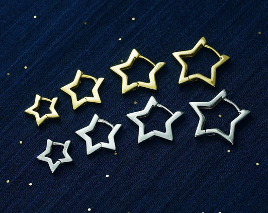 Pair of Star Huggie Hoop Earring in Sterling Silver or Plated Gold | 4 Loop Sizes Available